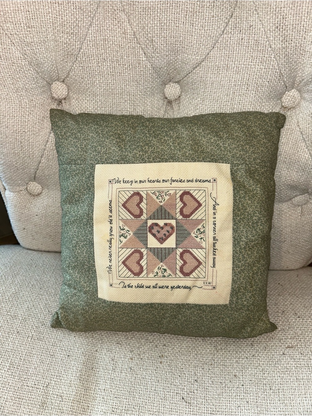 Vintage Handcrafted Green Heart Patchwork Decorative Pillow - Unbranded